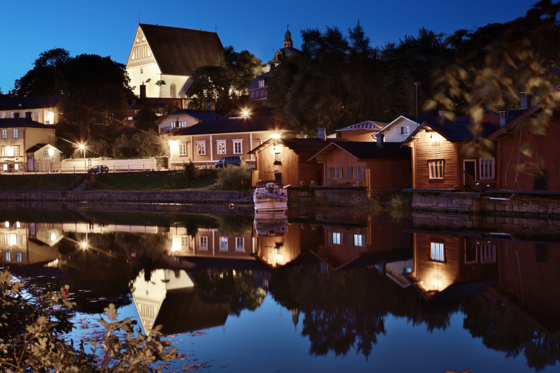 Old Porvoo riverside warehouses by night
