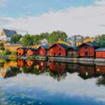 Red-ochre riverside warehouses
