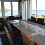 A dining area with a seaview