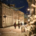 Old Porvoo street at night time in winter