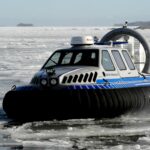 The hovercraft takes us safely out over braking ice